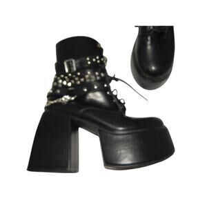 Ocho Black Strappy Studded Platform Chucky Heel Ankle Boots Size 7.5